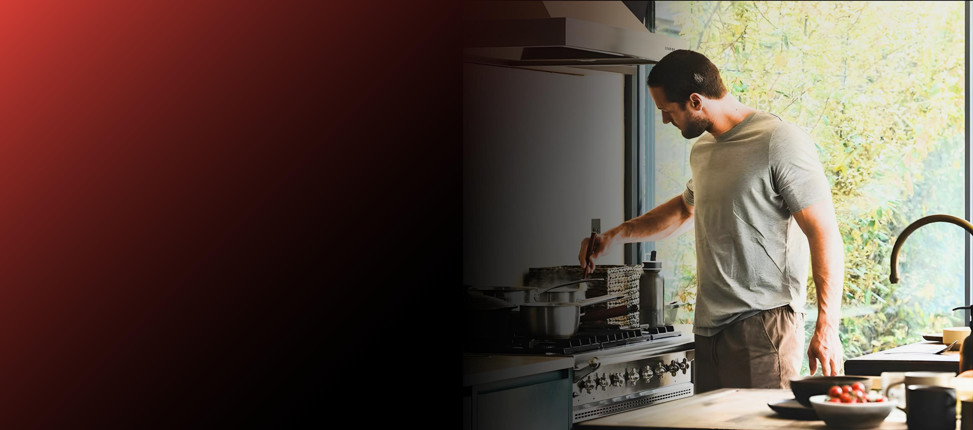 A man preparing a healthy meal at home — testosterone is the foundation of male energy, strength, focus and drive.